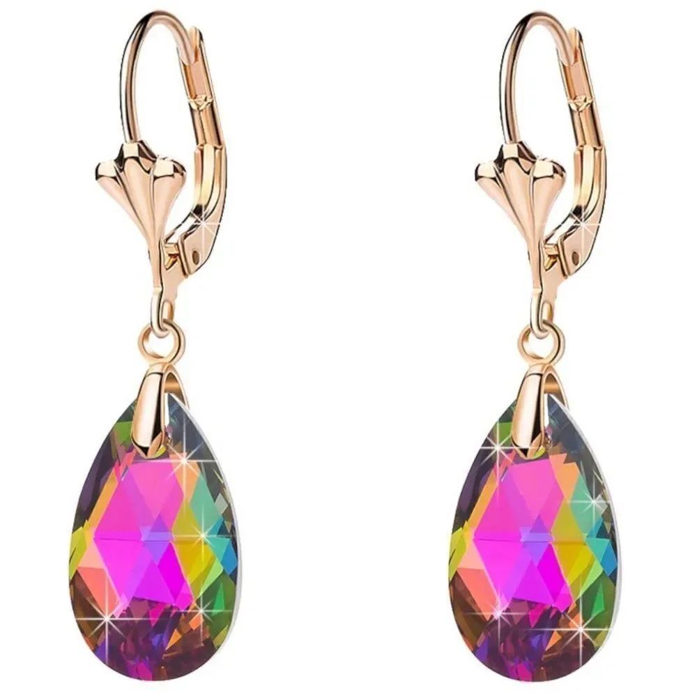 14K Yellow Gold with Vitrail Medium Austrian Crystal Teardrop Leverback Earrings